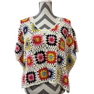 Vtg ROFFE Granny Square Crochet Sweater Top Boho Festival Grandmacore Multi XL